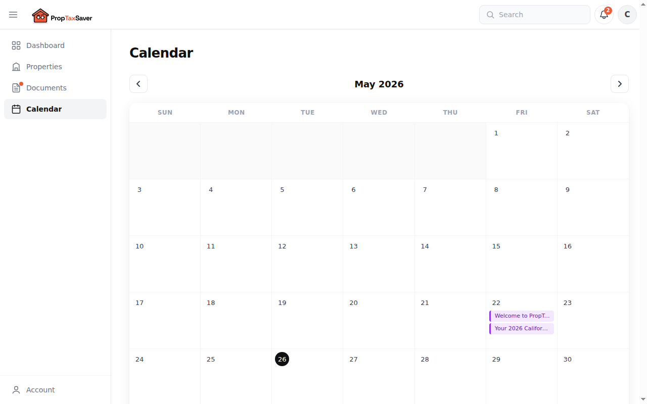 Dashboard calendar for May 2026 with two filing events marked on the 22nd