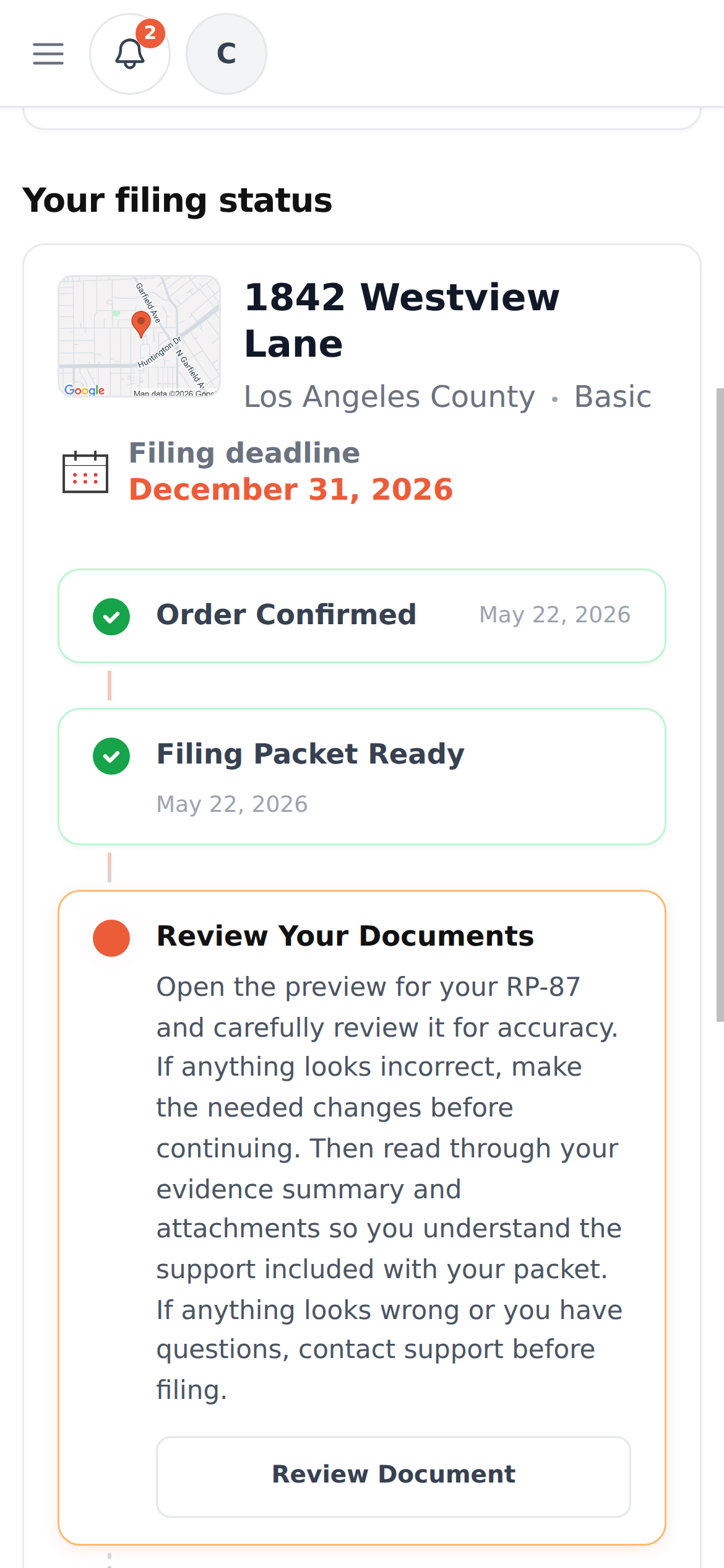 PropTaxSaver dashboard on mobile showing $1,900 savings estimate and filing status for 1629 Camden Pkwy
