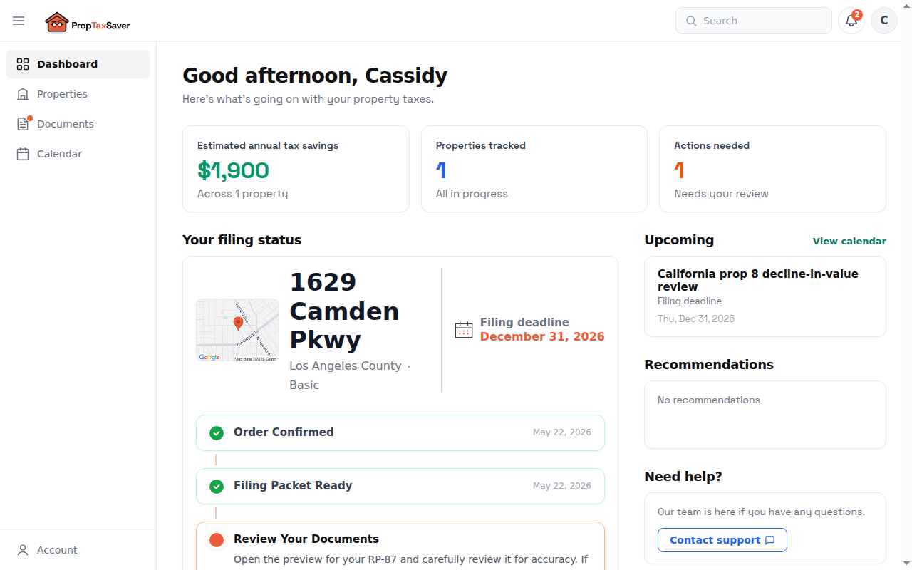 PropTaxSaver dashboard showing estimated annual savings, filing status timeline, and upcoming deadline