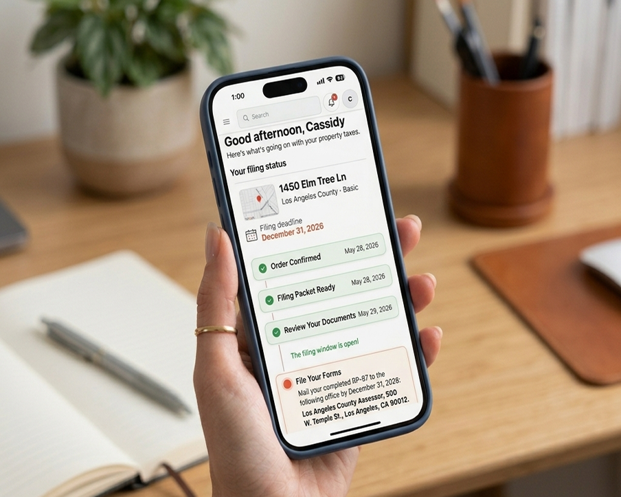 Hand holding a phone showing the PropTaxSaver dashboard with savings estimate and filing progress